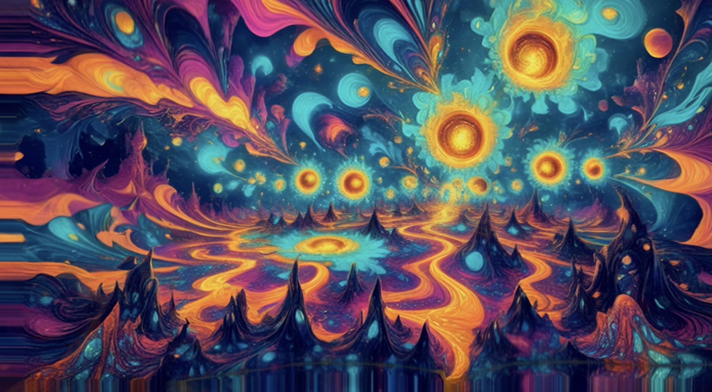 A kaleidoscopic sky with sun-like flowers and rivers of light, an aesthetic trippy background for LSD.